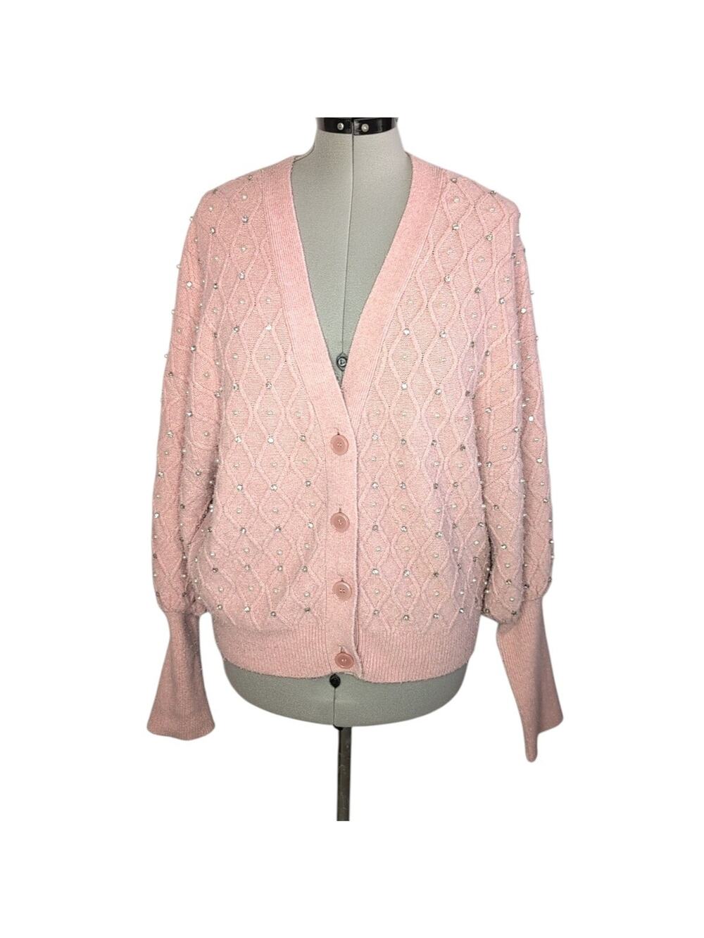 Express Pink Pearl & Crystal Cardigan Sweater with Diamond Knit Pattern, size XL